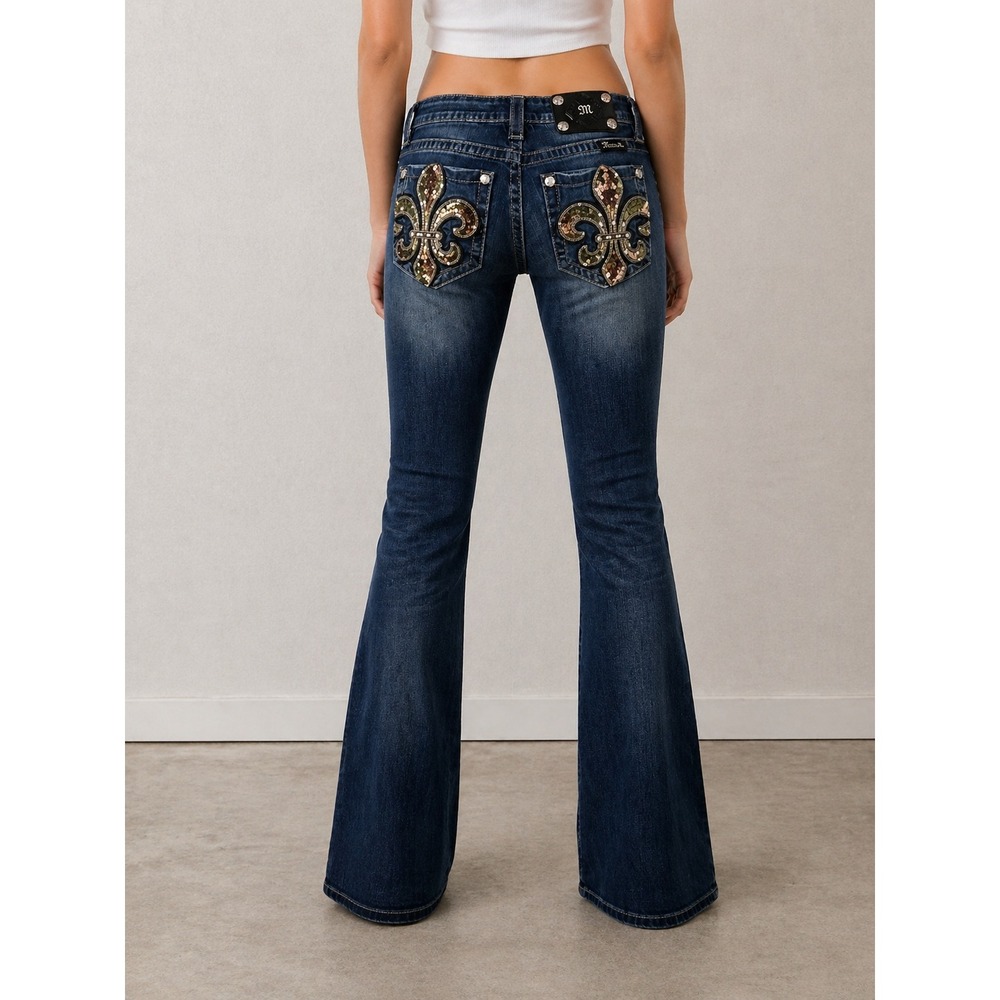 Miss Me Signature Rise Bootcut Jeans 29 Fleur de Lis Sequin Dark Wash JP6259B